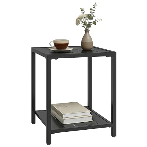 Outsunny Table Basse Extérieure à 2 Niveaux en Métal, Table de Jardin Carrée avec Étagère de Rangement, Résistante aux Intempéries pour Jardin, Balcon,...