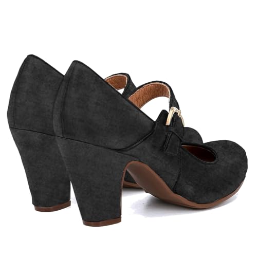 Image of SHODENSE Women Vintage Chunky High Heel Mary Jane Shoes Round Closed Toe Ankle Strap Dress Sandals 3 inch Block Heels Mary Jane Lolita Pumps Two-Toned Patchwork Buckle Office Lady Wedding Retro 4-11 M US
