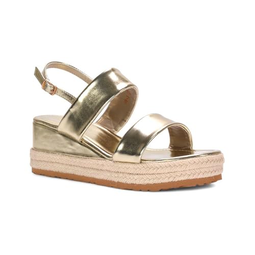 ESSEX GLAM Women's Low Heel Platform Wedge Sandals Ladies Gold Metallic Espadrille Open Toe Double Strap Slingback Shoes Size 7