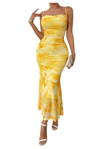 Milumia Women's Summer Floral Maxi Cami Dress Spaghetti Strap Mesh Cowl Neck Cocktail Party Bodycon Long Dresses