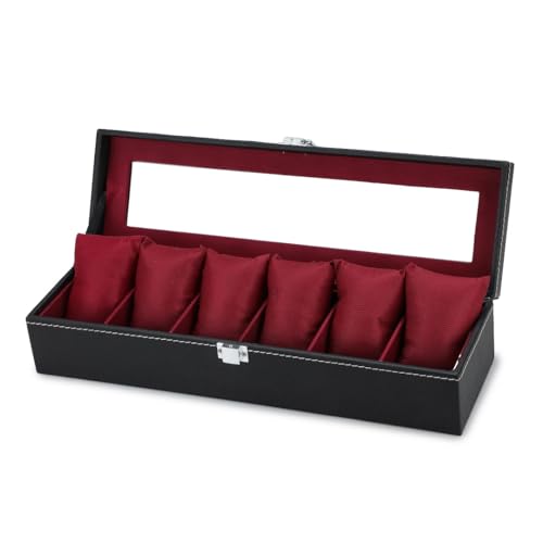 Image of Watch Box Organizer for Men and Women, 6 Slots, Leatherette, Black, Gift Box (Black::Maroon)