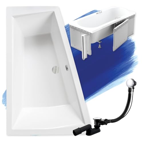 BADLAND Badewanne Original Weiß Acryl Wanne Eckbadewanne INTIMA SLIM 170x125 Links KOMPLETTSET SET mit Premium Styroporverkleidung + Füßen und Exklusive Chrom Automatik Ablaufgarnitur Made in EU 4in1