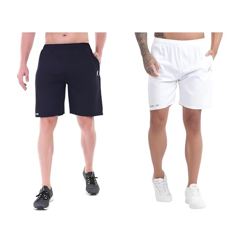 Image of BLUE STAR SHARK Athletic Sports Shorts for Men with Zip Pockets and Elastic Waistband Quick Dry Lightweight Activewear Combo - Pack of 2 (Color: Blue and White, Size:L)