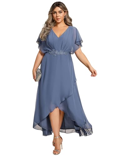 Image of Ever-Pretty Plus Women's V Neck Applique Plus Size Wedding Guest Dress Short Sleeves Maxi Formal Dresses Dusty Navy US20