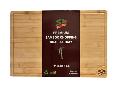 Premium Organic 2-in-1 Extra-Large Wooden Chopping Board & Serving Tray – 44x30x1.5cm – Multi-Purpose Bamboo Cutting Board with Juice Groove, Meat, Vegetables, Cheese and Bread – by SARKRIS