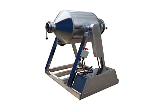 Dry powder mixer machine in operation showing rotating drum