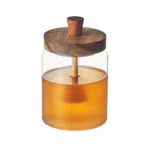 Eden & Willow Clear Glass Honey Jar with Acacia Lid and Spoon, Glass Pot with Wooden Dipper for Dispensing Honey and Syrup - 440ml