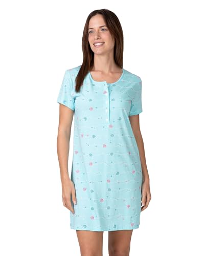 MASSANA Camisón de Verano para Mujer, Turquesa, 50% Algodón 50% Modal, Manga Corta, Cuello Redondo con Botones, Modelo L267209 (L)