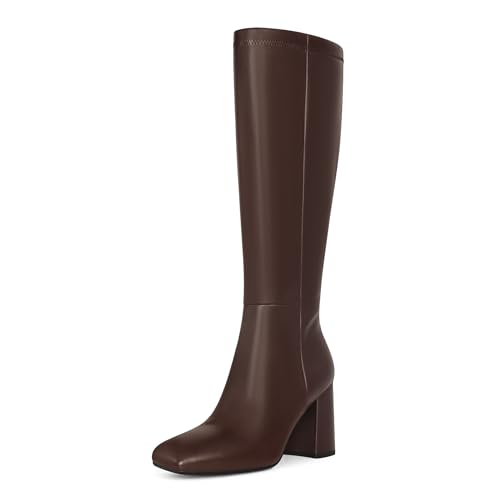 SOVANYOU Brown Leather Knee High Boots for Women Square Toe Brown Boots Chunky Heeled Tall Boots...