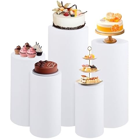 tchrules Set of 5 Spandex Cylinder Pedestal Stand Covers, Round Cylinder Plinth Display Box Stand Covers, Spandex Pillar Covers for Party Wedding(Cylinder Stands NOT INCLUDED) (White) Cover