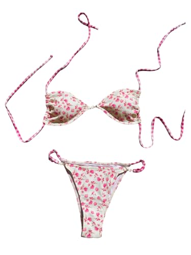 Image of Women's Floral Print Cheeky Bikini Sets Pearl Decor Halter Triangle High Cut String Thong Swimsuits