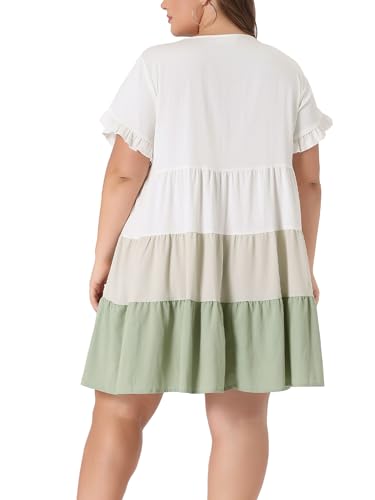 Image of Agnes Orinda Women's Plus Size Babydoll Ruffle Short Sleeve Casual Loose Flowy Swing Hem Chambray V Neck Mini Dress