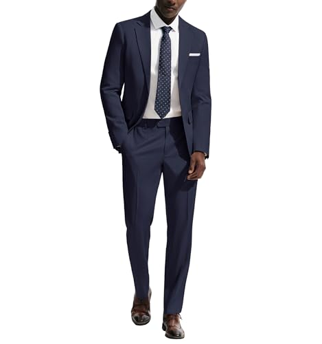 PJ PAUL JONES Costume 2 pièces pour homme - Coupe ajustée - Moderne - Avec 2 boutons - Pantalon veste pour le travail et les mariages, bleu marine, L