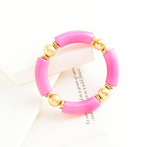 Lalapple Gold Plated Beaded Acrylic Bamboo Tube Bangle Bracelets For Women, Colorful Chunky Curved Tube With Gold Pieces Beads Stretch Bracelet Friendship Summer Beach Jewelry (M-Watermelon Red) #TOP3
