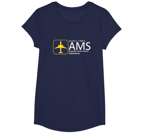 Amsterdam Airport Schiphol International Airport Tee T-Shirt, Girls, Navy Blue, Medium