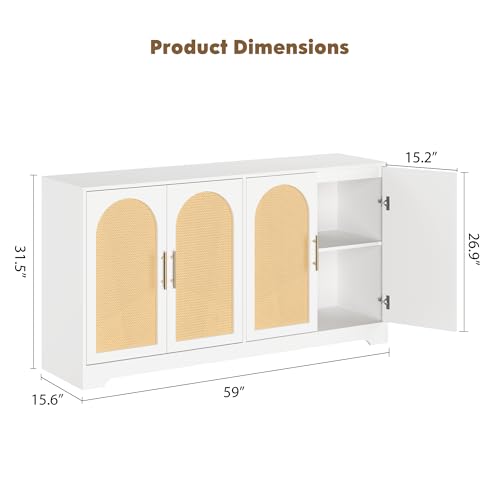 Garvee 59" Rattan Sideboard Buffet Cabinet - Large Storage Cabinet with 4 Doors, Modern Console Table Accent Coffee Bar Cabinet for Living Room, Kitchen, Hallway, Dining Room, White by Garvee - Used condition - Image 2