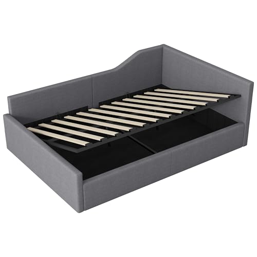 Dolamaní Hydraulisch Stauraumbett Eckbett 140x200 mit Lattenrost aus Holz, Doppelbett Leinen Polsterbett Tagesbett Gästebett für Kinder Jugendliche und Erwachsene, ohne Matratze (Grau)