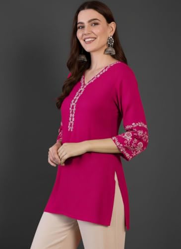Image of MAHIRA'S Women's Short Kurti, Black Rayon Tunic Top with Embroidered Sleeves, 3 /4 Designer Sleeves