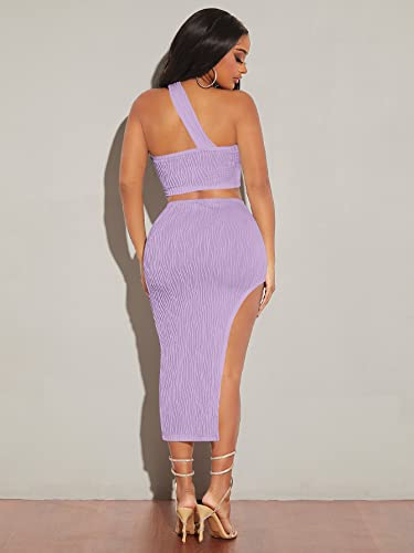 Verdusa Women's 2 Piece Outfits One Shoulder Crop Top And Split Bodycon Skirt Sets Lilac Purple L #TOP1