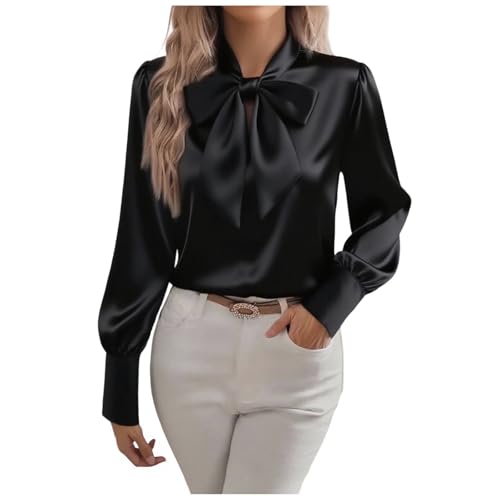 Women's Bow Tie Neck Satin Blouse Elegant Lightweight Long Sleeve Work Shirts Office Business Dressy Casual Tops Black