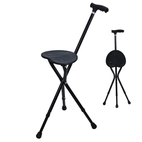 Bastone da passeggio pieghevole con sedile e luce, regolabile in altezza da 71 cm a 81 cm, sgabello pieghevole 2 in 1 per anziani e adulti, capacità 199,6 kg, sedia in alluminio con pietra per terapia