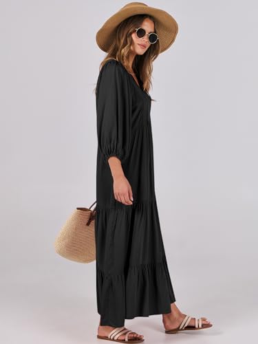 ANRABESS Womens Boho Maxi Dresses 2025 Summer V Neck Puff Sleeve Floral Flowy Swing Fall Casual Long Dress3