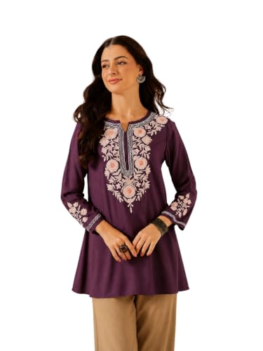 Image of QAZMI Women's Aari Embroidered Viscose Rayon Full Sleeves A-Line Flared Short Kurti