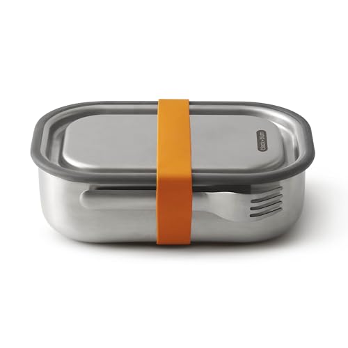 BLACK + BLUM Lunchbox Edelstahl 1L | Orange | 3-in-1 | Vakuumverschluss- 100% auslaufsicher | inkl. Göffel, Silikonband & Innenteiler | Ofen-& Gefriergeeignet | 20x14x6 cm | Brotdose mit Fächern
