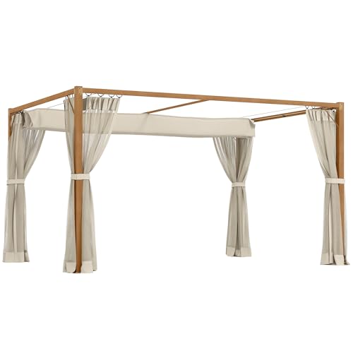 Outsunny Pérgola de Jardín 4x3 m Cenador para Exterior con Marco de Aluminio con Mosquiteras Laterales de Malla Techo Retráctil para Patio Terraza Natural