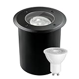 JNR Edelstahl Bodeneinbaustrahler Aussen Schwenkbar IP67 230V, Wasserdicht Bodenleuchten Außen mit LED GU10 5W 3000K Warmweiß Glühbirne, Rund Bodenstrahler Befahrbar für Garten,Wegen,Schwarz