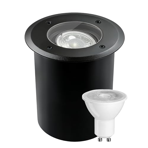 jnr Foco de suelo para exterior, orientable, GU10, IP67, resistente al agua, con LED de 5 W 3000 K blanco cálido; foco empotrable de suelo para exterior 230 V (1 Pack-Negro)