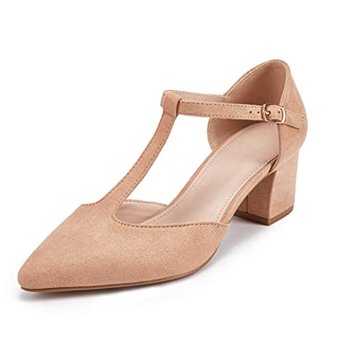 Huiyuzhi Womens T-Strap Pumps Pointed Toe Ankle Strap Buckle Chunky Block Heel Dress Sandals Khaki #TOP6