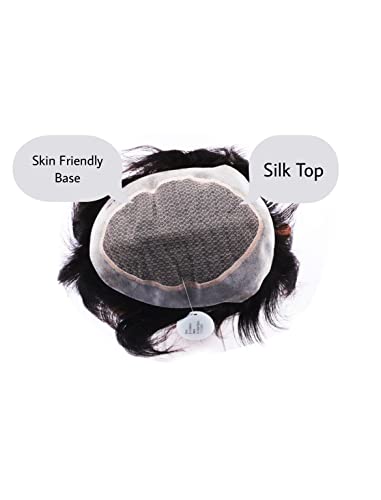 Image of SkyHair 2 Layer Silk Top AUSTRALIAN Hair Patch for Men | 100% Remy Human Hair Wig | Transparent PU Natural and Undetectable Front Hairline Toupee | PREMIUM System | (10x7, Black)