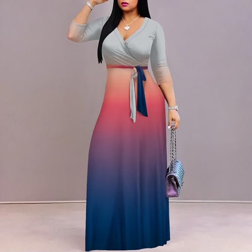 Image of PinkPatty Women's Plus Size Maxi Dresses Casual Flowy 3 /4 Sleeves Dress Printed Vacation Dress for Daily Wear with Belt