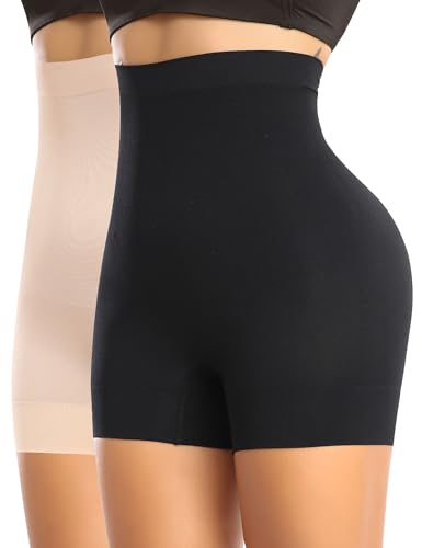 Image of Werena Seamless Slip Shorts for Women Under Dress Shaping Boyshorts Panties Tummy Control Shapewear (#304 Shaping Black+beige Shorts, XX-Large)