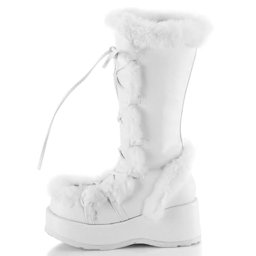KISTANIA Women's Furry Platform Boots Wedge Heel Knee High Fur Boots Sexy Lace Up Punk Goth Platform Booties Wide Square Toe Chunky Heel Faux Fur Suede White Zipper Leather Size 13