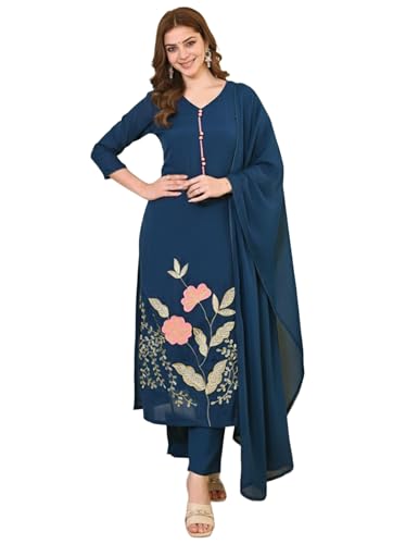 Image of ANNI Designer Women's Viscose Blend Embroidered Straight Kurta with Pant & Dupatta | Ethnic Kurta Set for Women | 3 /4 Sleeve Festive Traditional Dress | Office, Party & Daily Outfits Suit Set