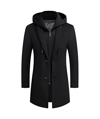 ECDAHICC Men's Wool Hoodie Trench Coat Winter Business Single Breasted Wool Removable Jacket Coat, black, S