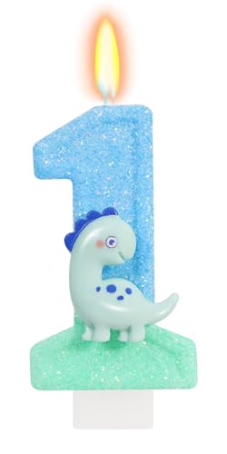 ElekFX Dinosaur Birthday Number 1 Candle, Cute Green Dino Cake Topper, Dinosaur Birthday Decorations for Kids Party Supplies
