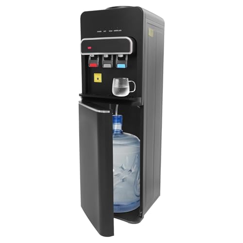 LENJKYYO Dispensador de agua de pie con carga inferior, 3 temperaturas: fría, caliente y ambiente, dispensador de agua para garrafas de hasta 22.7L, 550W calor y 75W frío, bloqueo infantil y ahorro en