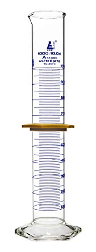 Measuring Cylinder, 1000ml - ASTM, Class A Tolerance ±3.00ml - Protective Collar, Hexagonal Base - Blue Graduations - Borosilicate 3.3 Glass - Eisco Labs