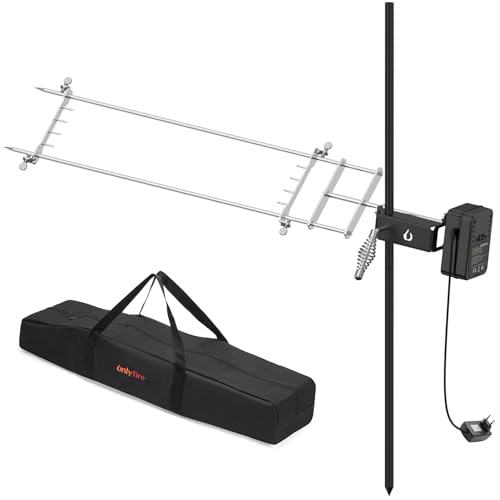 onlyfire Asador Juego de Brochetas para Barbacoa, Asador Eléctrico Giratorio para Camping, Parrilla de Carbón y Hoguera, Asador Giratorio con Asa Regulable en Altura, Bolsa de Transporte y Motor