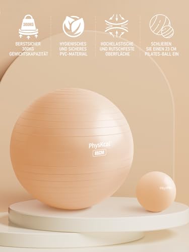 PhysKcal 65cm Beige Dicker Gymnastikball und 23 cm Pilatesball Set, Anti Burst Gymnastikball, Anti-Rutsch-Sitzball, Balanceball, Yogaball für Zuhause, Fitnessstudio und Büro