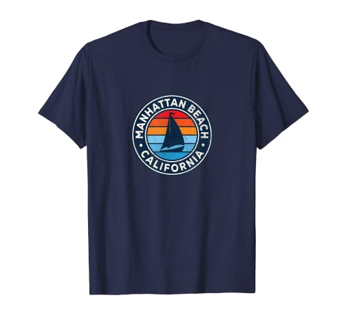 Manhattan Beach Califórnia CA vintage veleiro retro 70s t-shirt, Azul, S