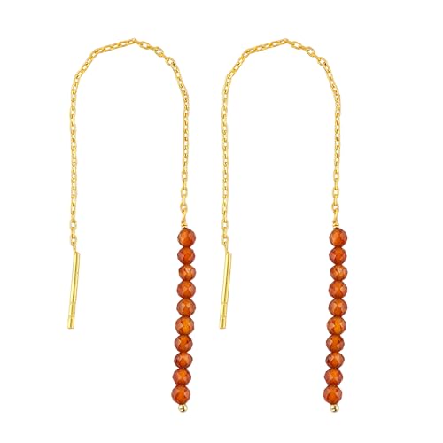 CRYSTALINES Real Crystal Threader Earrings, Natural Spessartite Garnet Gemstones, Handmade Dangling Piercing Earrings, Lightweight Pull-Through Jewelry, Gold Plated Earrings, Gift for Women (5inch)