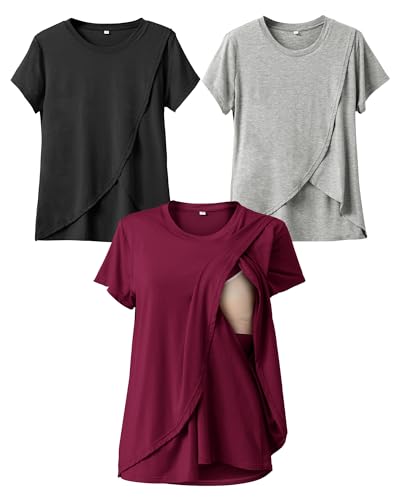 Image of Rnxrbb Summer Maternity Nursing Shirts for Breastfeeding Tops Short Sleeve Postpartum Sets Clothes 3 Pack for Women,Black&Light Gray&Purple red M