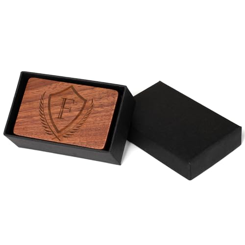 Image of Mens Initial Cufflinks and Tie Clip A-Z Alphabet Letter Black Stainless Cuff Links Tie Bar with Engraved Walnut Wood Box Groom Groomsman Wedding Set