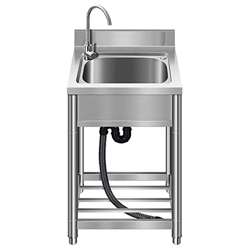 Fregadero de acero inoxidable para uso en exteriores, de un solo tazón, para uso comercial, de catering, independiente, con grifo y estantes de almacenamiento para cocinas de restaurantes y hogares (