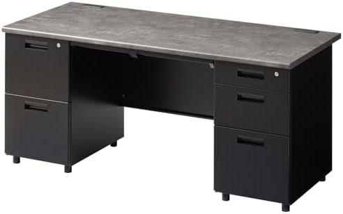（16:00時点） オフィスコム 法人様向け スチールデスク ブラック EX 両袖机 引き出し 幅1600×奥行700×高さ720mm ストーンダーク OC-SD167RBEX-SD