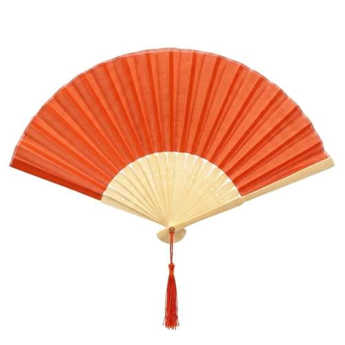Image of Fabric Handheld Folding Hand Fan With a Tassel Grade A Bamboo Ribs for Women Girls Summer Party Event Favor Birthday Wedding Souvenir Gift (Red)